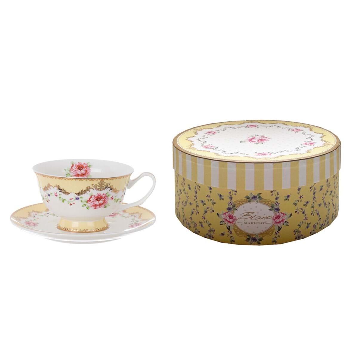 Coffret 1 tasse en porcelaine 28 cl + soucoupe "Les roses du village" (jaune)