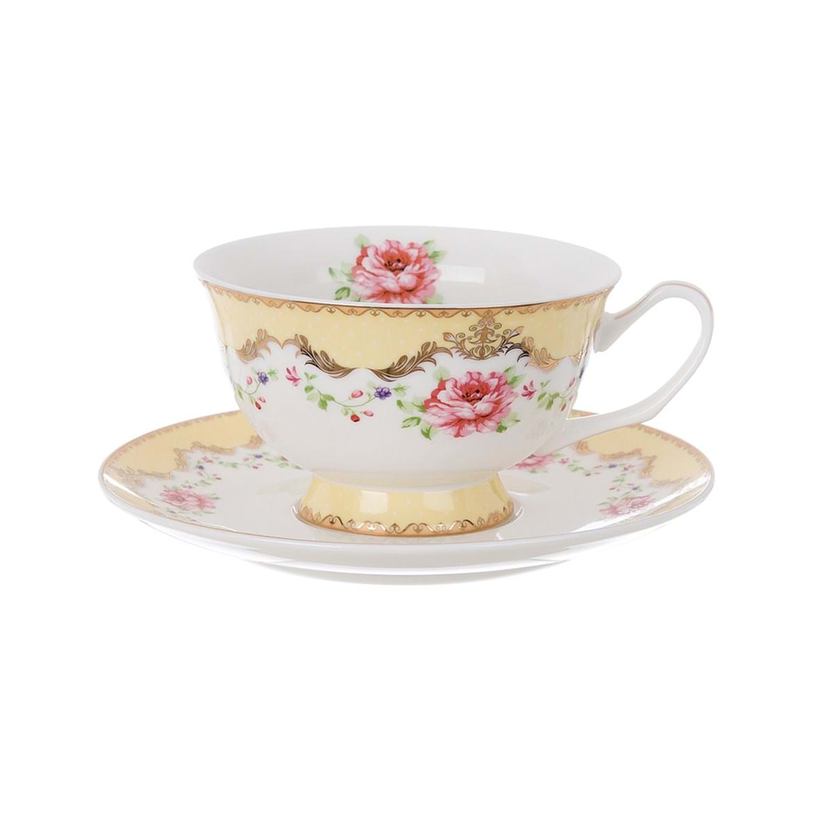 Coffret 1 tasse en porcelaine 28 cl + soucoupe "Les roses du village" (jaune)