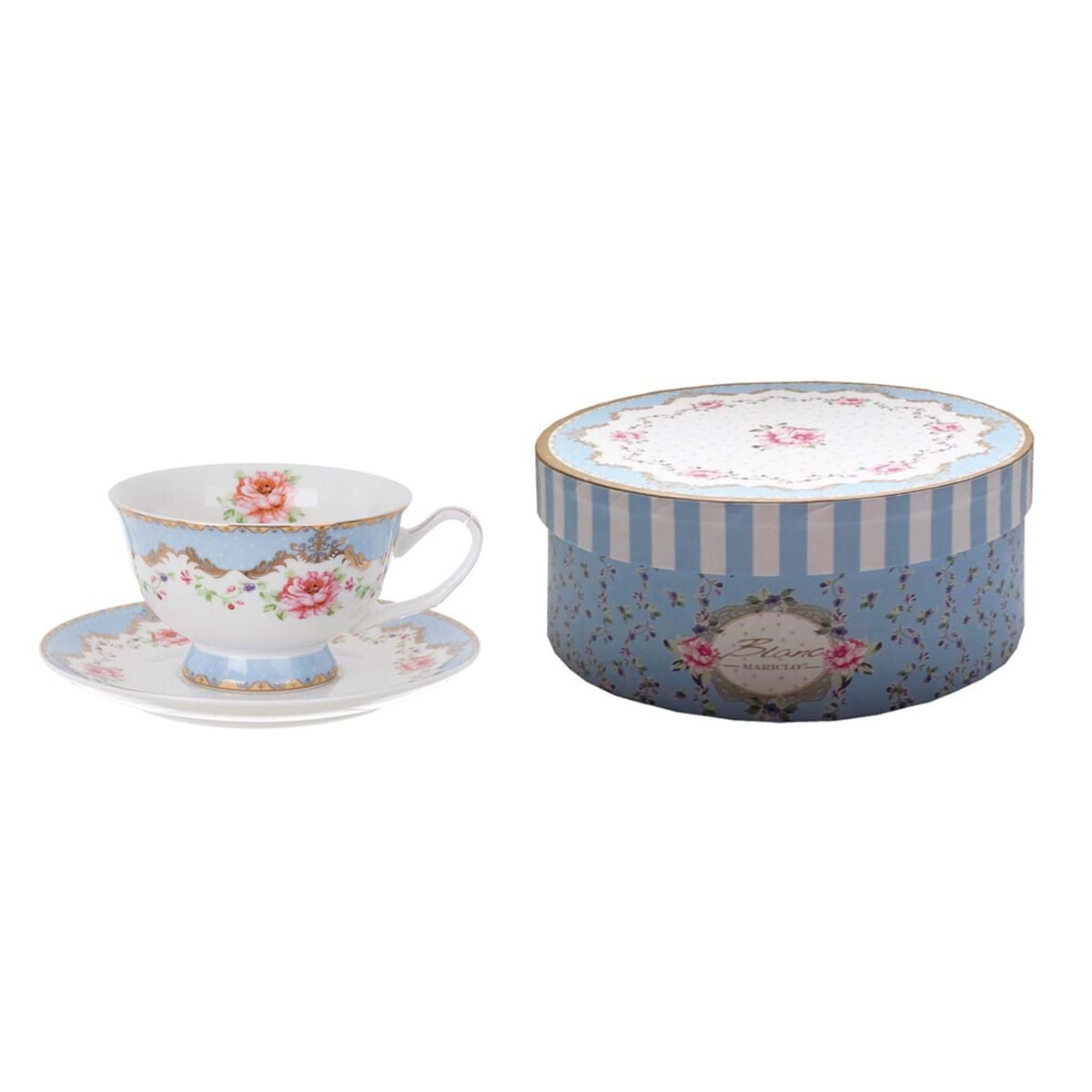 Coffret 1 tasse en porcelaine 28 cl + soucoupe "Les roses du village" (bleu)