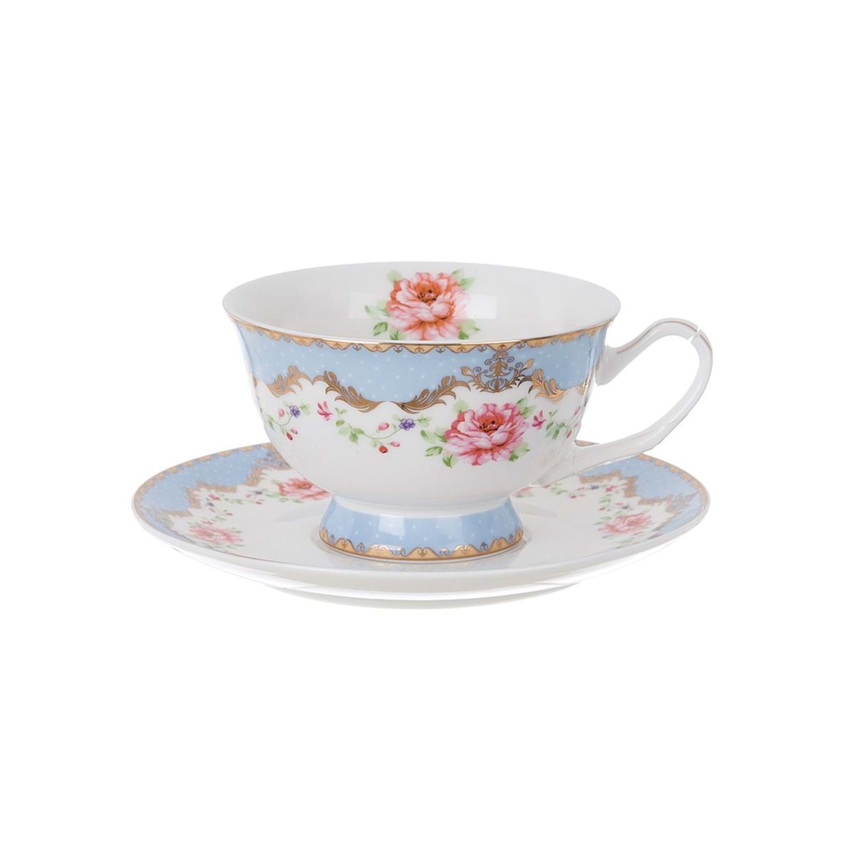 Coffret 1 tasse en porcelaine 28 cl + soucoupe "Les roses du village" (bleu)