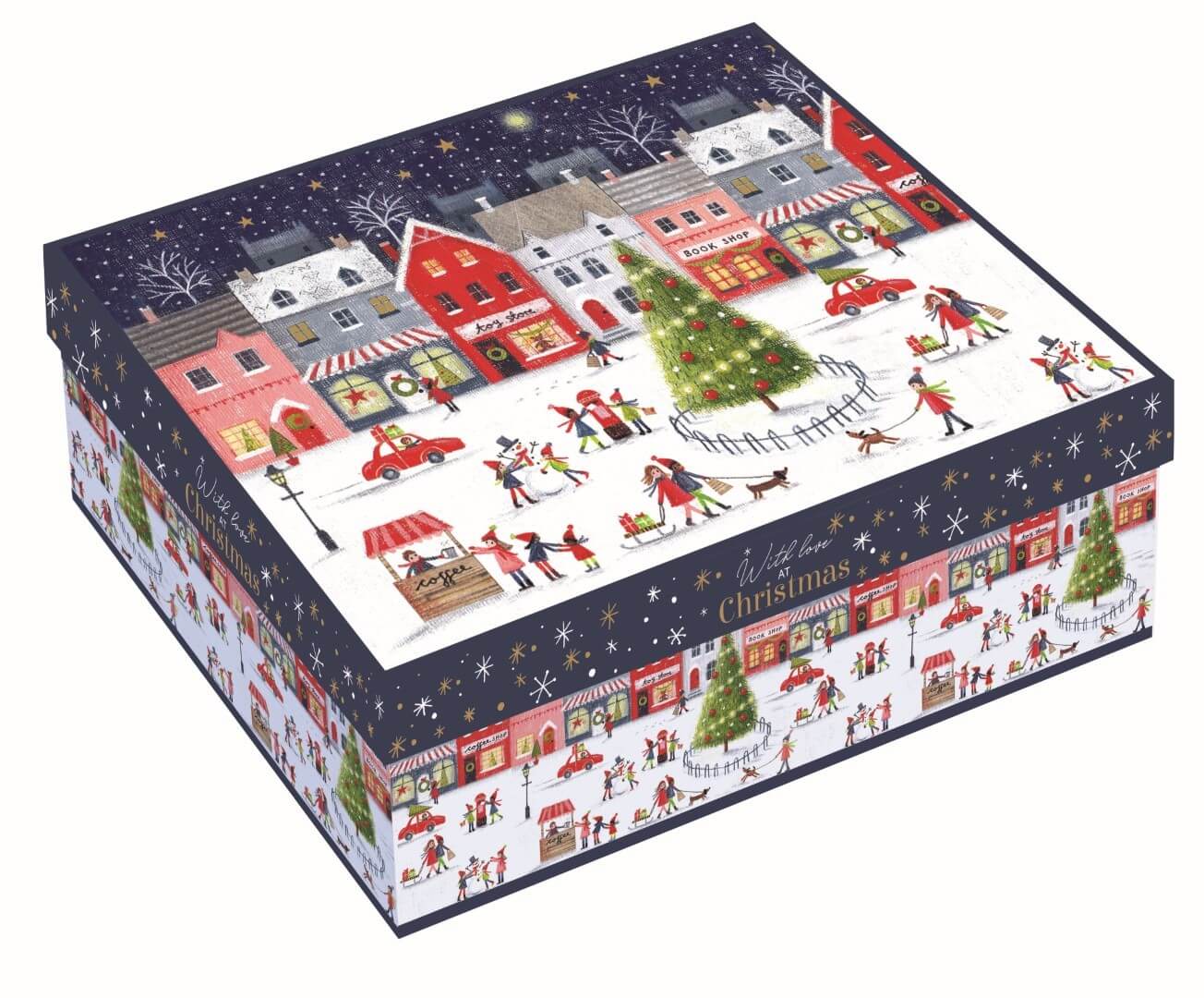 Coffret 4 mugs + jolie boîte "Village de Noël" (Bleu foncé)
