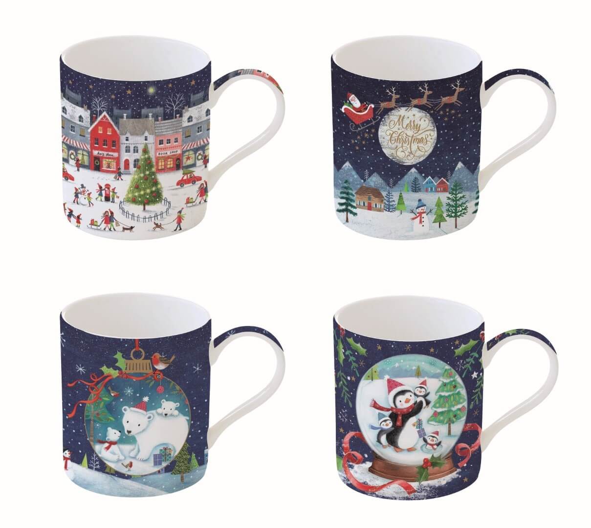 Coffret 4 mugs + jolie boîte "Village de Noël" (Bleu foncé)