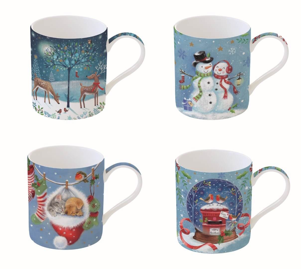 Coffret 4 mugs + jolie boîte "Village de Noël" (Bleu clair)
