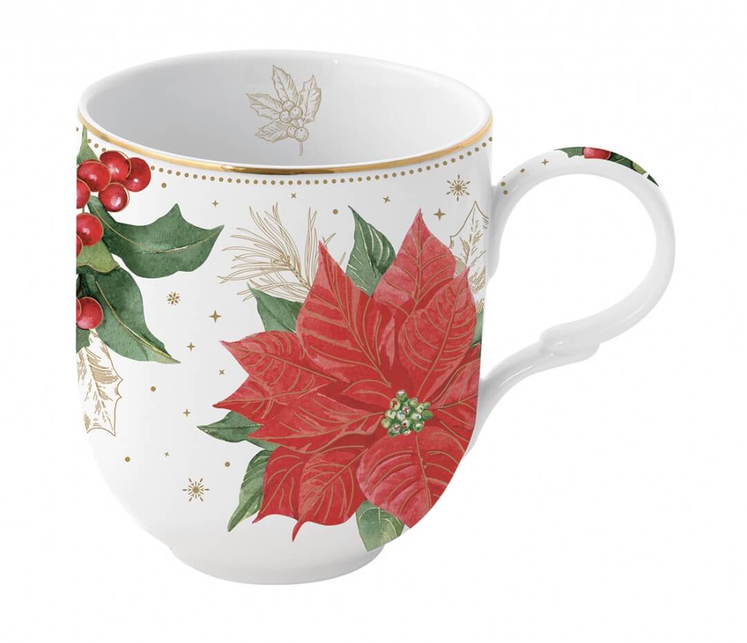 Mug 350 ml en porcelaine "Poinsettia et houx"