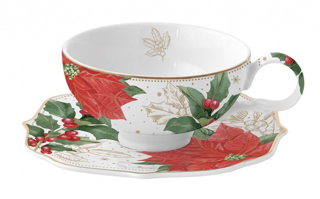 Coffret tasse 250 ml en porcelaine + soucoupe "Poinsettia et houx"
