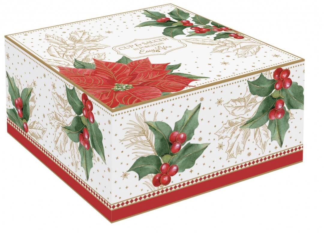 Coffret tasse 250 ml en porcelaine + soucoupe "Poinsettia et houx"