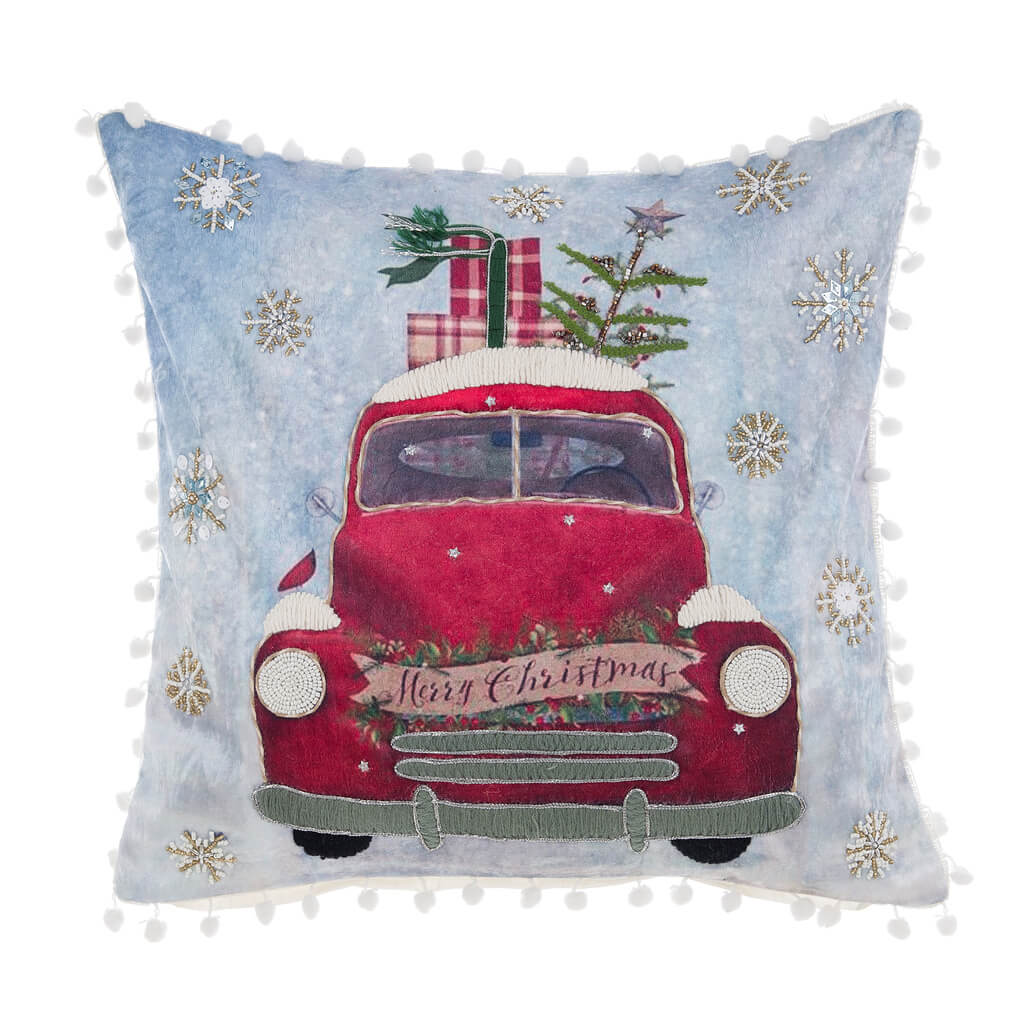 Coussin de Noël carré en velours 45x45 cm "Camion rouge"