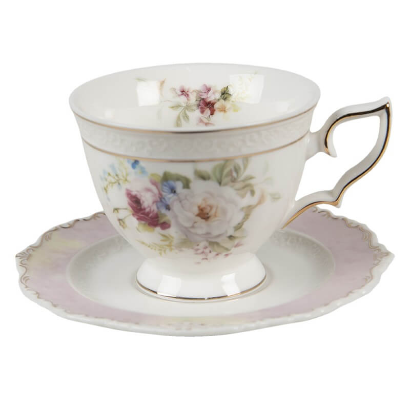 Tasse et soucoupe en porcelaine (200 ml) - Fleurs blanches
