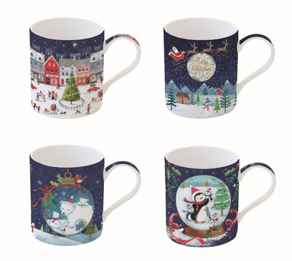 Coffret 4 mugs + jolie boîte &quot;Village de Noël&quot; (Bleu foncé)
