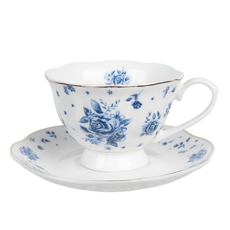 Tasse + soucoupe en porcelaine (200 ml) -  &quot;Toile de Jouy&quot; bleue