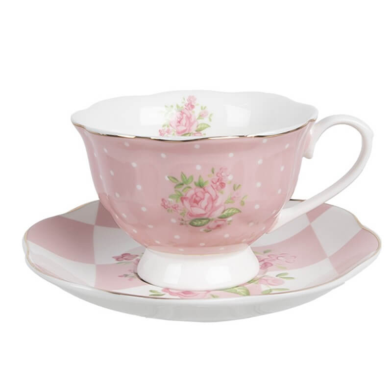 Tasse + soucoupe en porcelaine (200 ml) - &quot;Damier rose&quot;