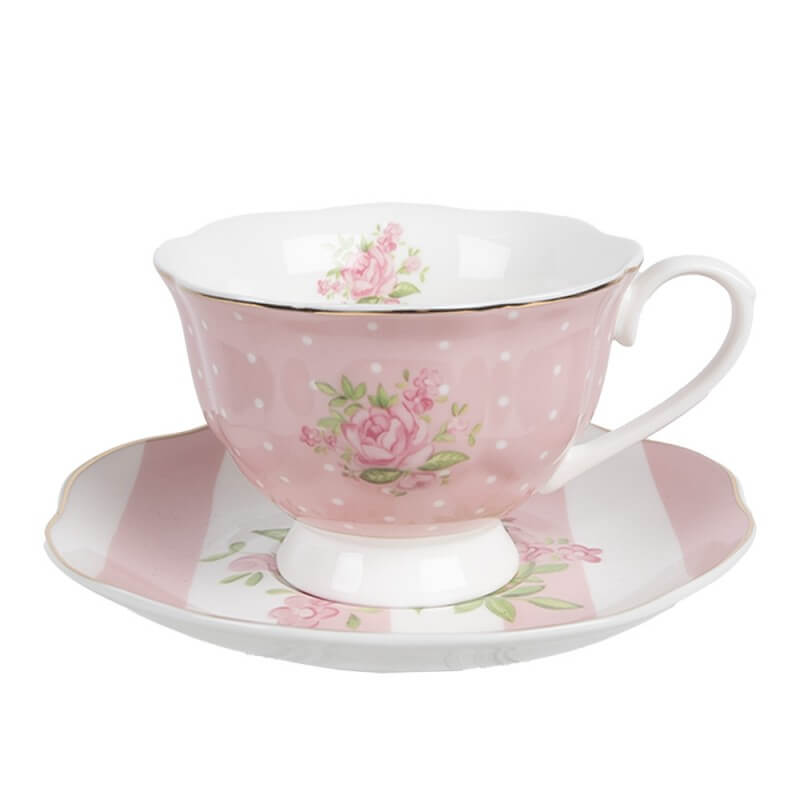 Tasse + soucoupe en porcelaine (200 ml) - &quot;Rayure rose&quot;