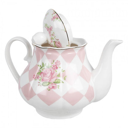 Porcelain teapot (1 l) - &quot;Pink checkerboard&quot;