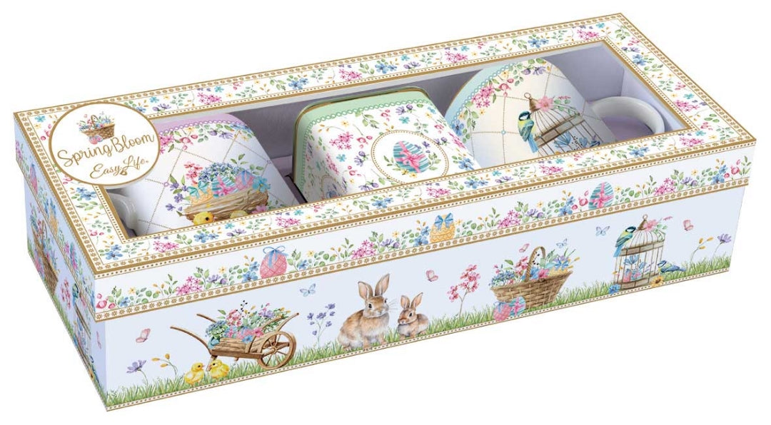 Coffret 2 mugs 350 ml en porcelaine + boîte à thé &quot;Fleurs de Printemps&quot;