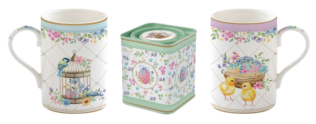 Coffret 2 mugs 350 ml en porcelaine + boîte à thé &quot;Fleurs de Printemps&quot;